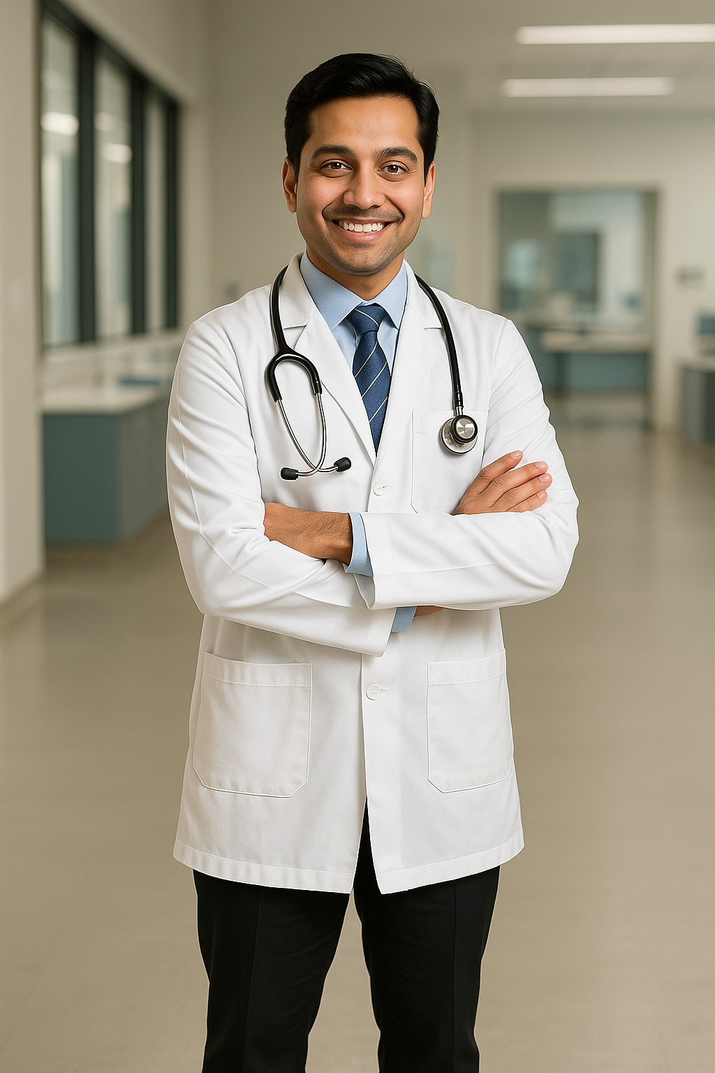 Doctor with a stethoscope holding a clipboard and pointing to the left with a smiling face